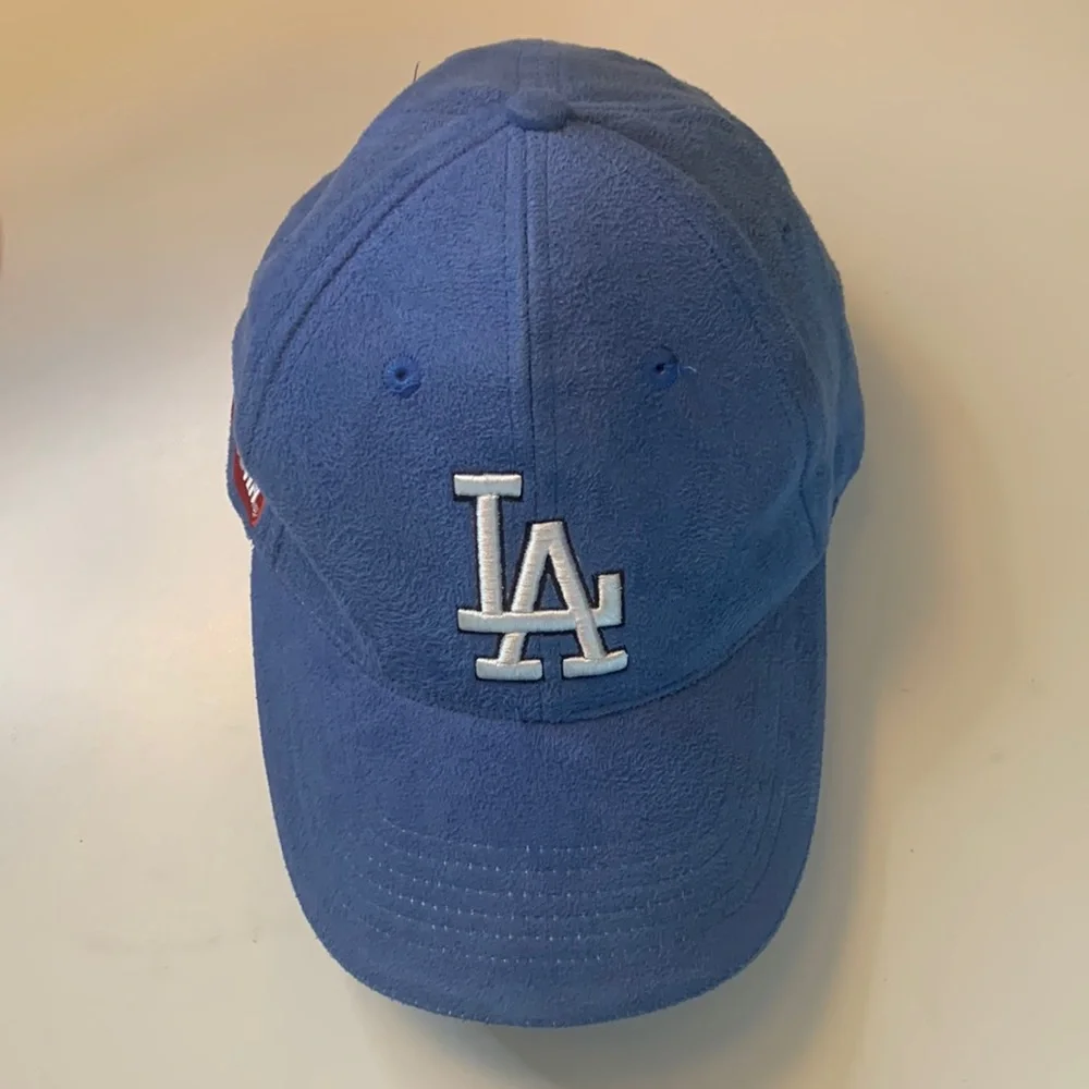 Los Angeles Dodgers light blue sueded baseball cap with Farmer John patch